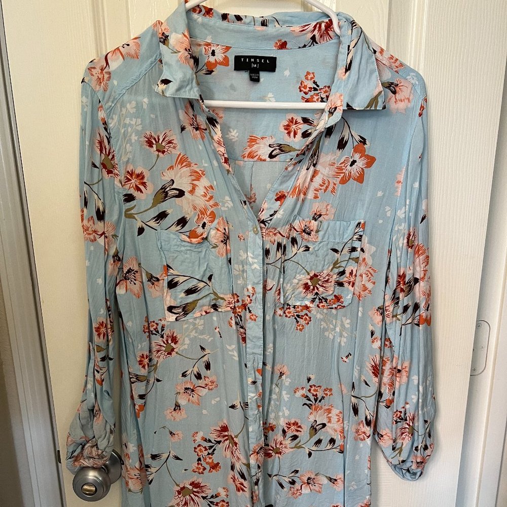 Tinsel Blue Button Up Floral Blouse